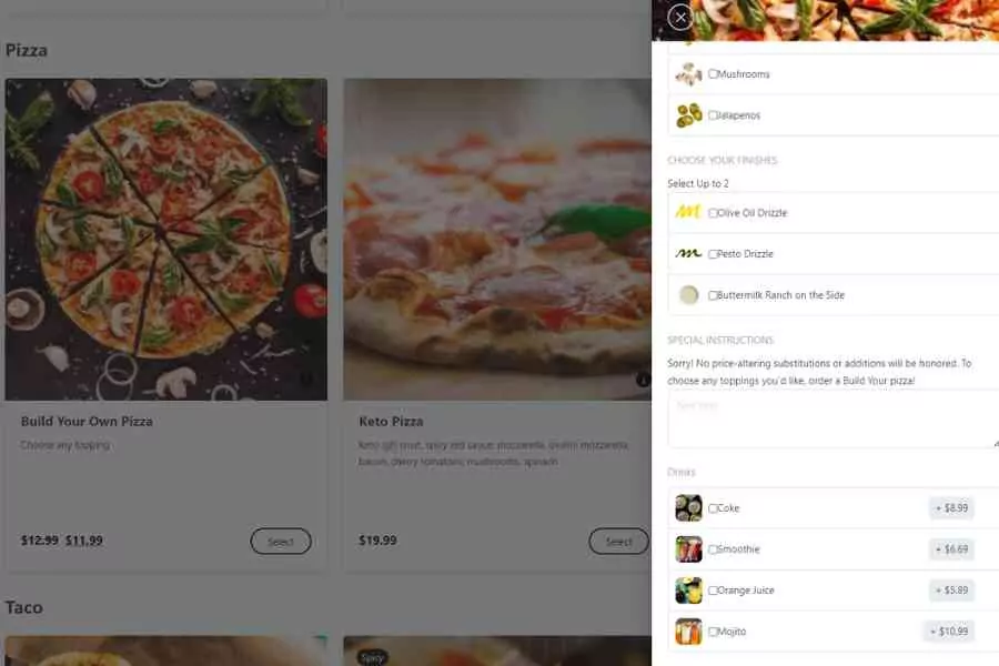 Online Pizza Ordering Interface Showing A Full Pizza And A Close Up Of A Slice, With Customization Options And Prices On The Right Side.