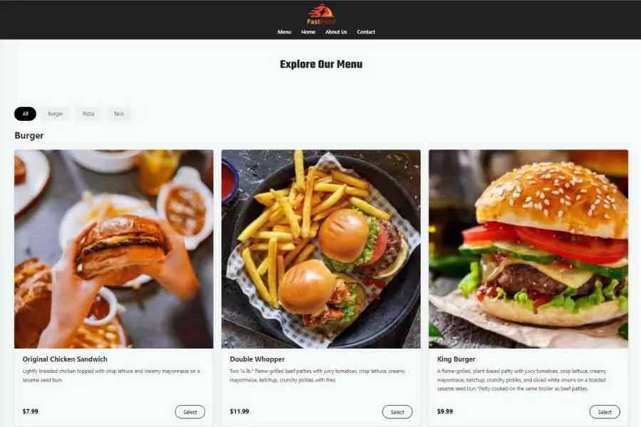 Website Page Displaying A Menu With Images And Prices For Burgers, Including A Chicken Sandwich, A Double Cheeseburger, And A Classic Burger With Fries.