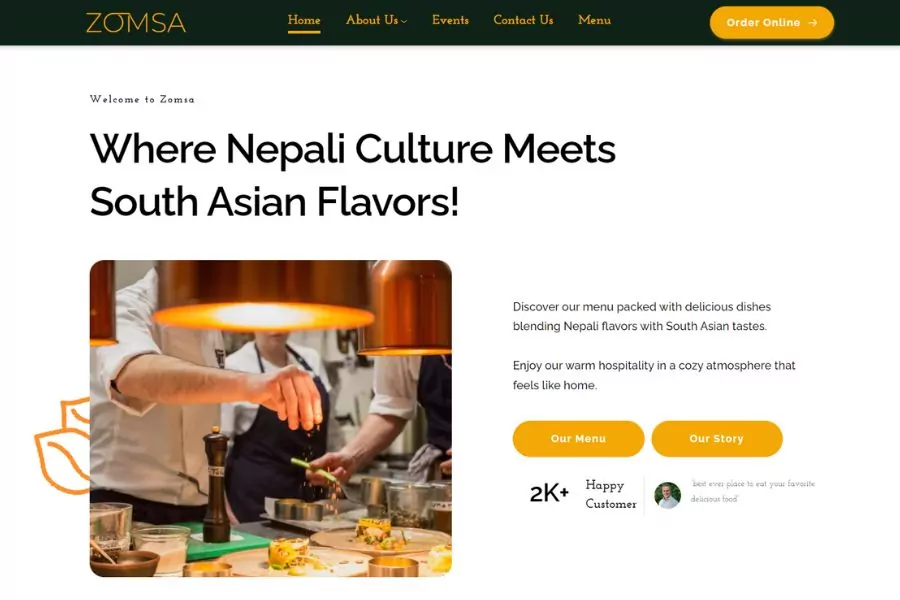 Website Homepage For Zomsa Boston Restaurant, Highlighting A Chef Preparing Food With A Flaming Pan, Alongside Text About Nepali And South Asian Cuisine.