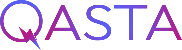 Logo Of Qasta Featuring Stylized Text In Pink And Blue Colors With A Purple Speech Bubble Tail Emanating From The Letter 'q'.