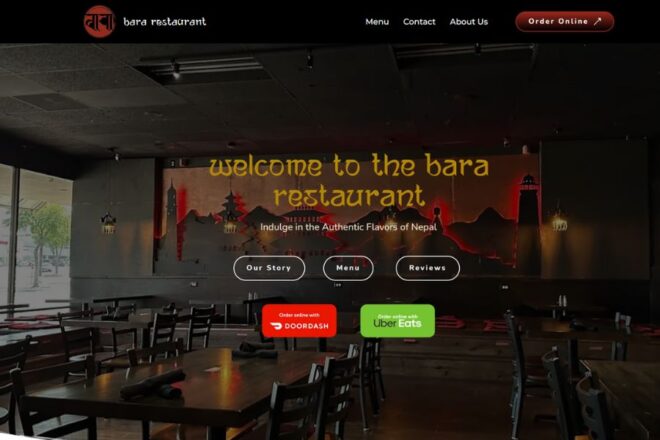 Interior Of Bara Restaurant Showcasing Dim Lighting And Wooden Furniture, With A Wall Banner Promoting Nepali Cuisine And Links To Delivery Services On Display.