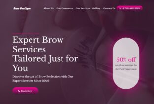 Homepage Of A Brow Boutique Website Featuring A Promotional Offer Of 50% Off For First Time Guests, With A Pink And Purple Color Scheme.