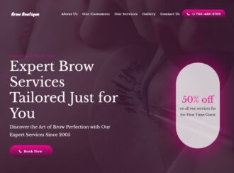 Homepage Of A Brow Boutique Website Featuring A Promotional Offer Of 50% Off For First Time Guests, With A Pink And Purple Color Scheme.