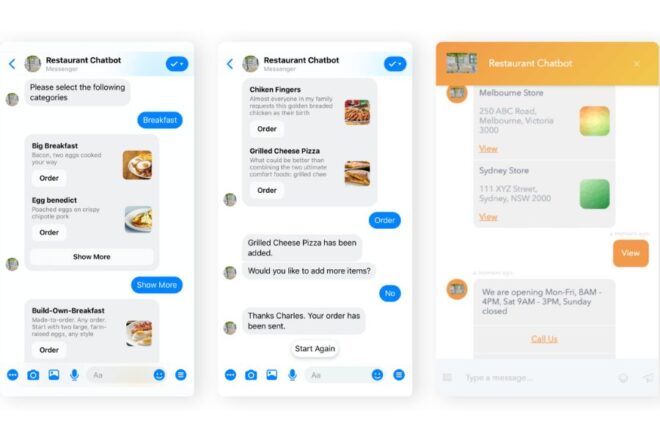 Three Smartphone Screens Displaying A Restaurant Chatbot Interface For Ordering Food, With Menu Options And Chat Responses Shown.