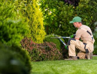 A Person In Work Attire And A Green Cap Crouches While Trimming Bushes In A Garden With A Hedge Trimmer, Demonstrating Professional Service.