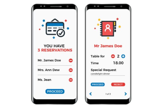 Two Smartphones Displaying Apps; One For Car Reservations And One Shows A Dinner Reservation Under The Name Mr. James Doe For A Table For Two.