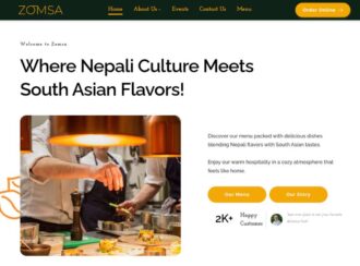 Website Homepage For Zomsa Boston Restaurant, Highlighting A Chef Preparing Food With A Flaming Pan, Alongside Text About Nepali And South Asian Cuisine.