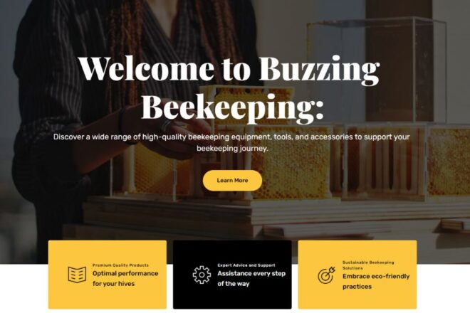 A Person Examines A Beehive Frame Behind A Webpage Overlay Titled 