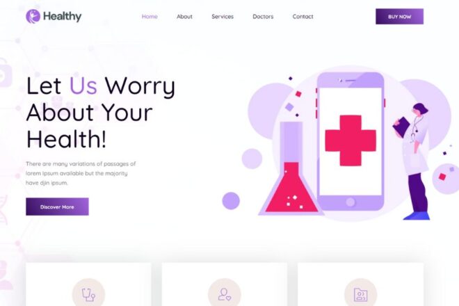 Web Page Design For A Healthcare Platform Featuring A Stylized Illustration Of A Female Doctor Next To A Mobile Device Displaying A Health App.