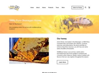 A Webpage For Arlo’s Honey Farm Advertising 100% Pure Okanagan Honey. It Includes An Image Of A Bee, Honeycombs, And Text About The Honey's Quality And Pickup Options.