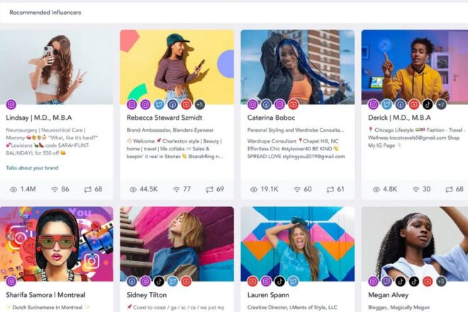 Grid Of Diverse Influencers' Profile Cards With Images, Names, Professional Titles, And Engagement Metrics; Includes Doctors, Bloggers, And Artists.