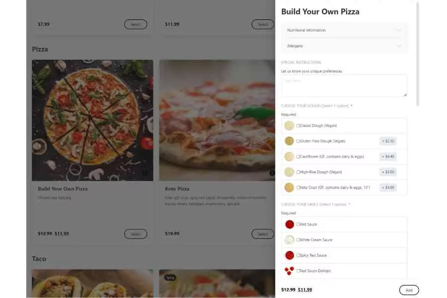 A Webpage Showing Options For Customizing A Pizza, With Images Of A Vegetable Pizza And A Cheese Pizza, And Checkboxes For Selecting Ingredients.