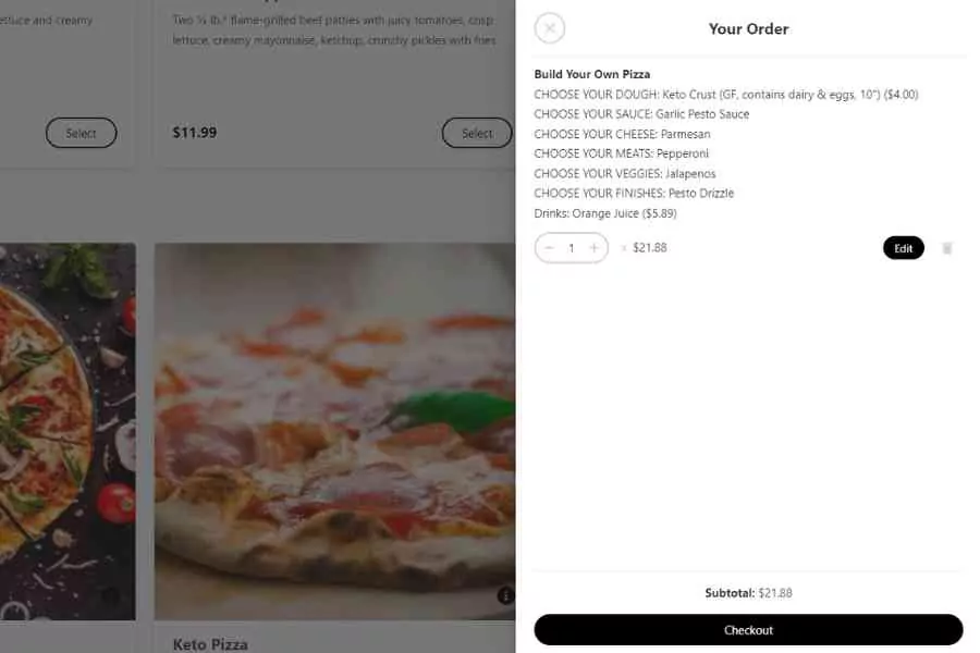 A Website Interface Showing A Customizable Pizza Order With Options To Select Dough, Sauce, And Toppings, Alongside An Image Of A Cooked Pizza On The Left.