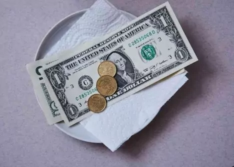 A One Dollar Bill And Several Coins On A White Paper Napkin Placed On A Plate, Possibly Symbolizing Economical Dining Or Budgeting Concept.